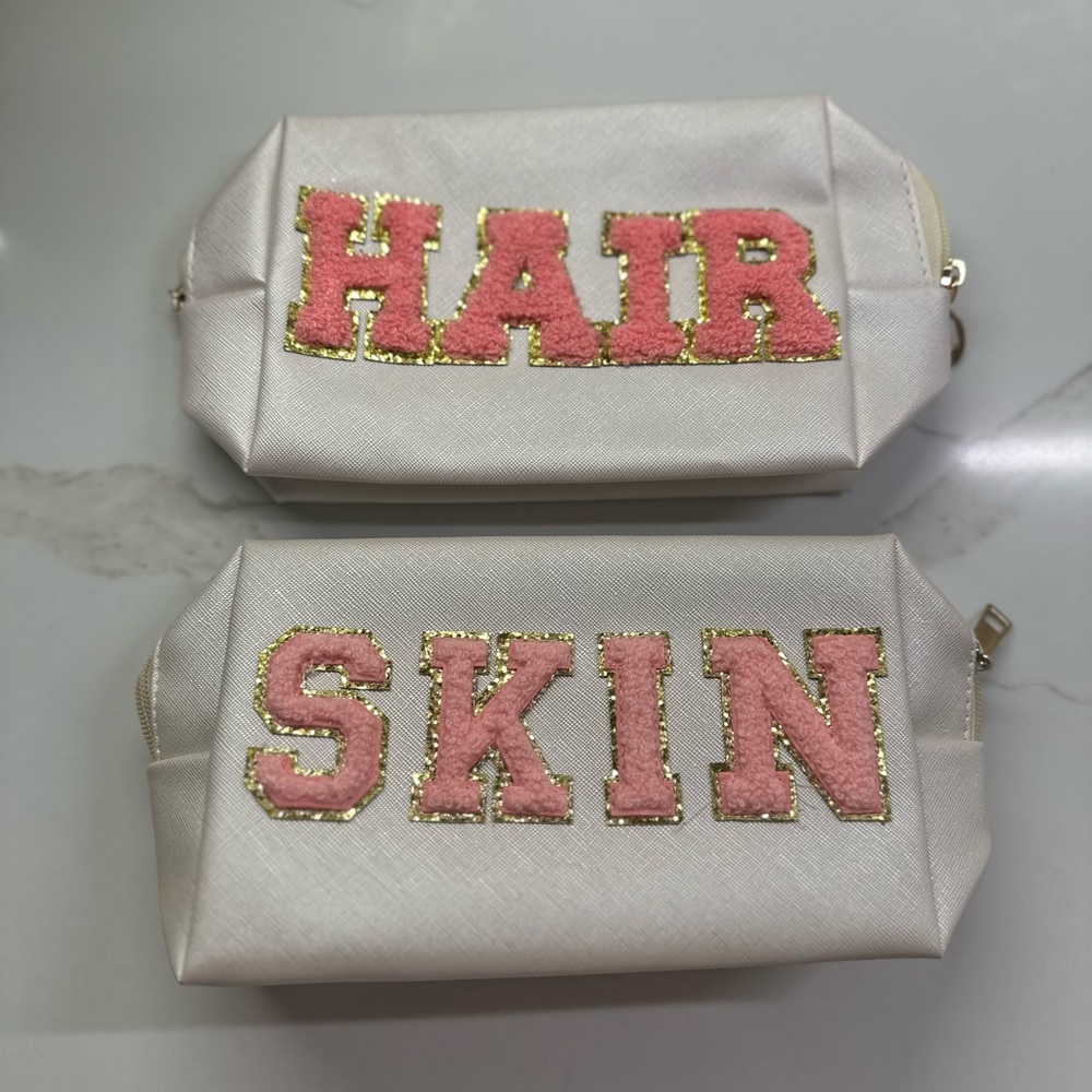 Cream Cosmetic Bags with Pink and Gold Lettering